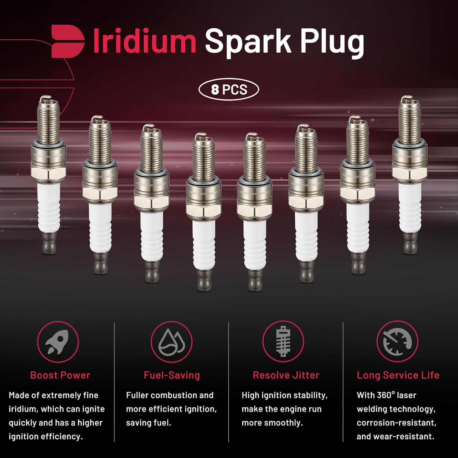 BDFHYK BR8ES Iridium Spark Plugs Compatible with Honda 1976-2002 for Yamaha 1982-2006 for Kawasaki 1980-2003 50cc 125cc 300cc 750cc 1000cc 1986-1989 Engine Replacement for 5422, Set of 4