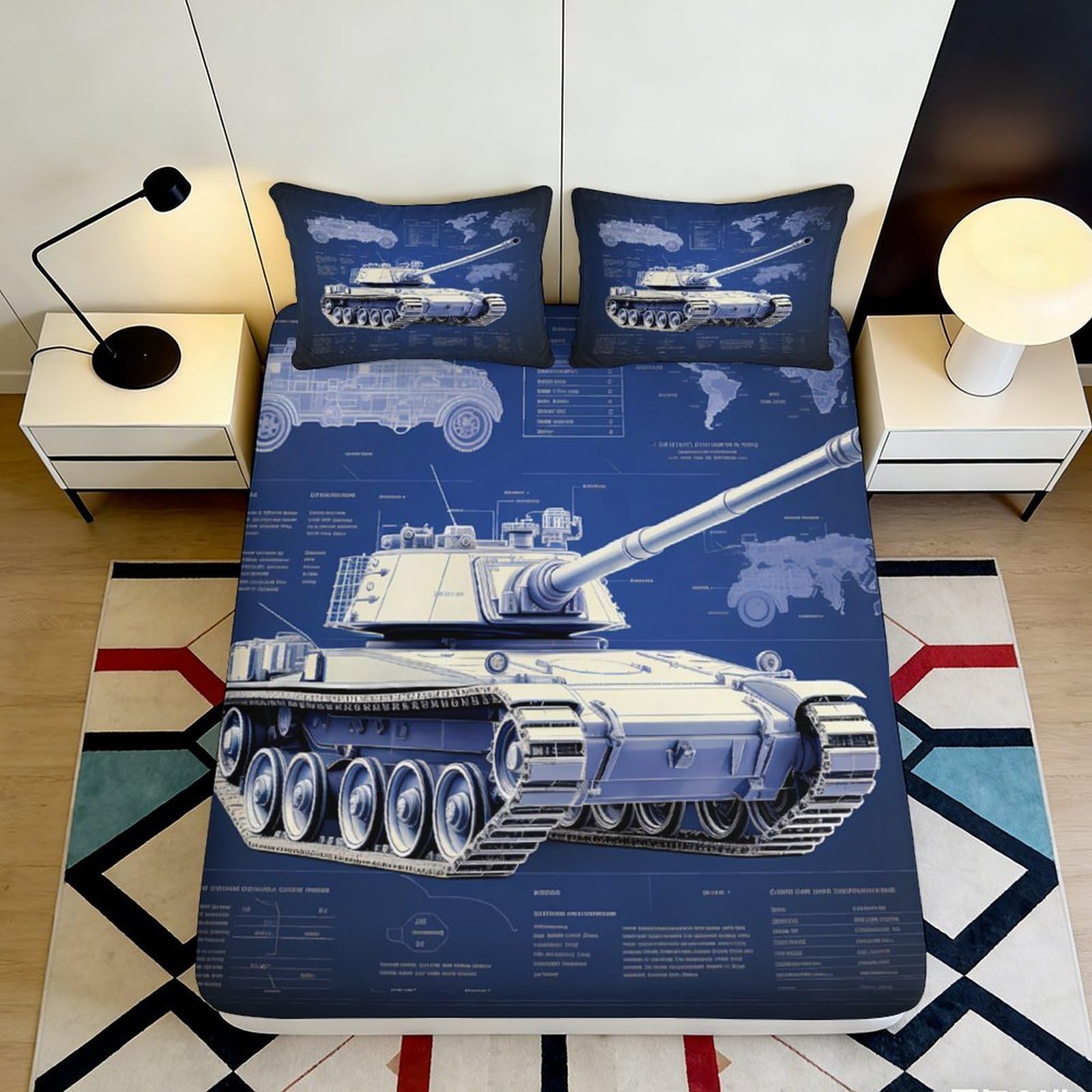 Qjzxknhpgr Style-2 3D Printed Tank Blueprint Fitted Sheet Microfiber Anti-Slip Bedroom Decor Military Bed Cover For Home Guest Room 90X200x25cm