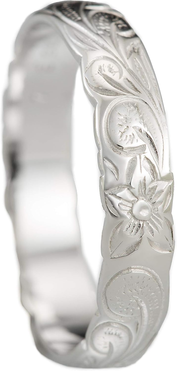 925 Sterling Silver 4mm Hawaiian Princess Plumeria Flower Scroll Ring Stackable Wedding Engagement Band, Nickel Free Hypoallergenic for Sensitive Skin, Gift Box Included