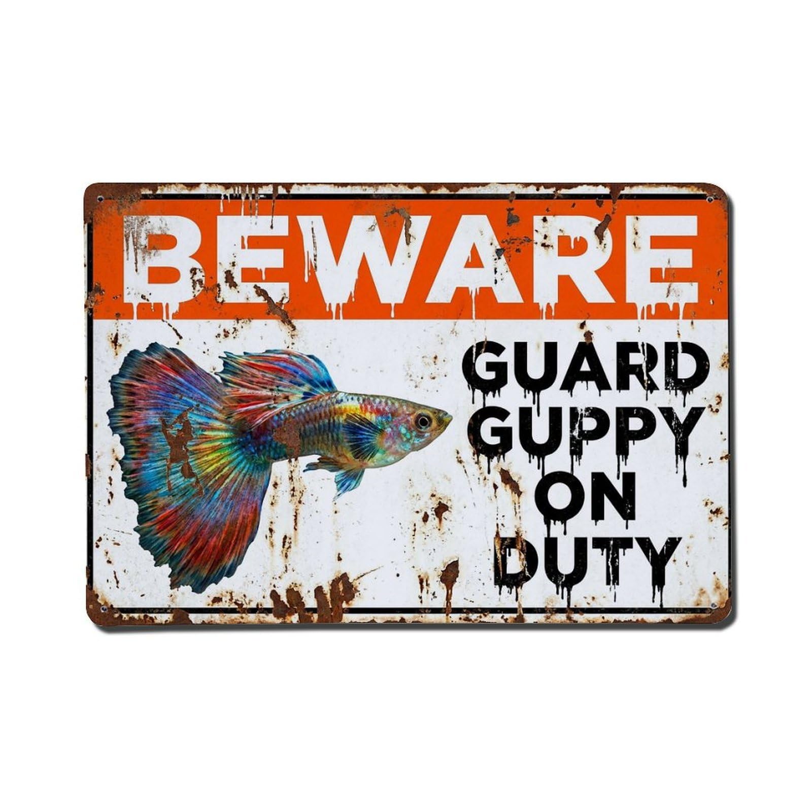 Vintage Funny Guppy Guard Beware of Fish House Metal Tin Sign Plaque Wall Decor for Cafe, Club Bar, Office, Garden Metal Poster 8x12Inch