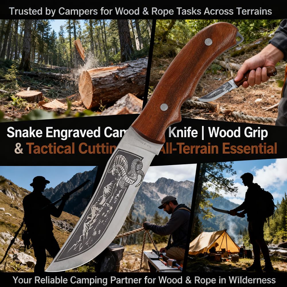 Coltello Outdoor 27cm – Lama Dritta Larga con Incisione Nera Cobra Montagna, Guardia Integrata, Impugnatura Ergonomica Legno di Hêtre Caldo con Fingerkerbe, Compagno Robusto per Attività Outdoor