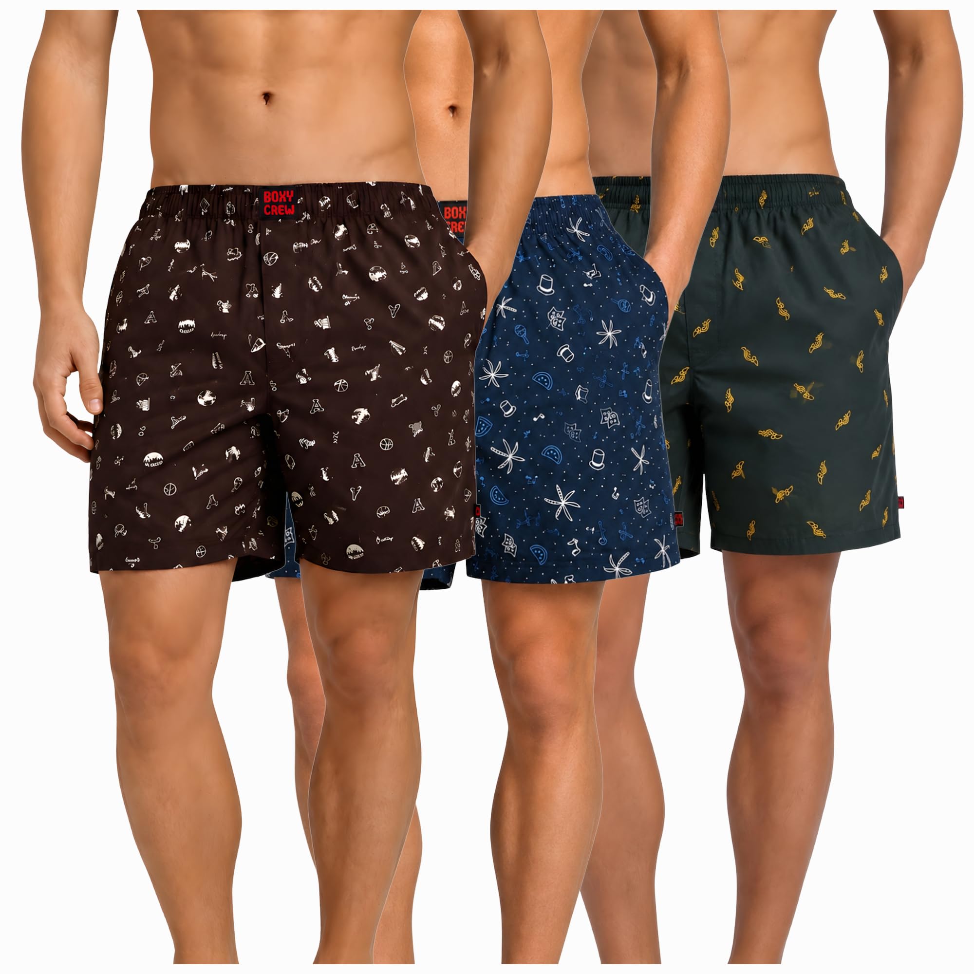 Men's 100% Cotton Boxer Shorts Pack of 3, Brown, Navy Blue & Dark Teal | Woven Boxers with Side Pockets, No-Marks Elastic Waistband, Breathable Relaxed Fit | Style 005-007-010-image-49