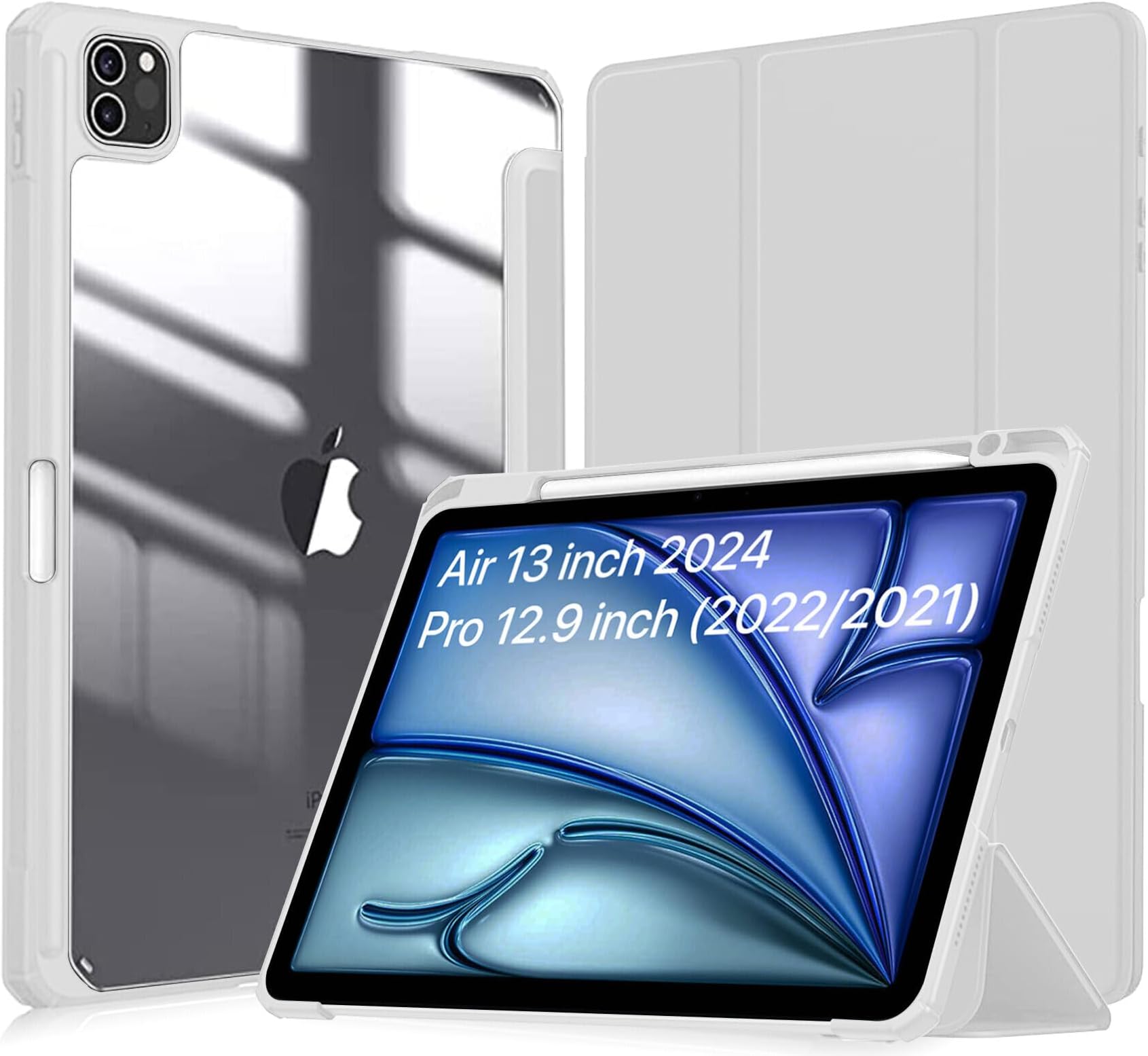 for iPad Air 13 inch Cover Case/for iPad Pro 12.9 inch with [Pencil Holder] [Transparent Back] Hybrid Case Cover for iPad Air 13 inch 2024 [Auto Sleep Wake Support] - Light Grey