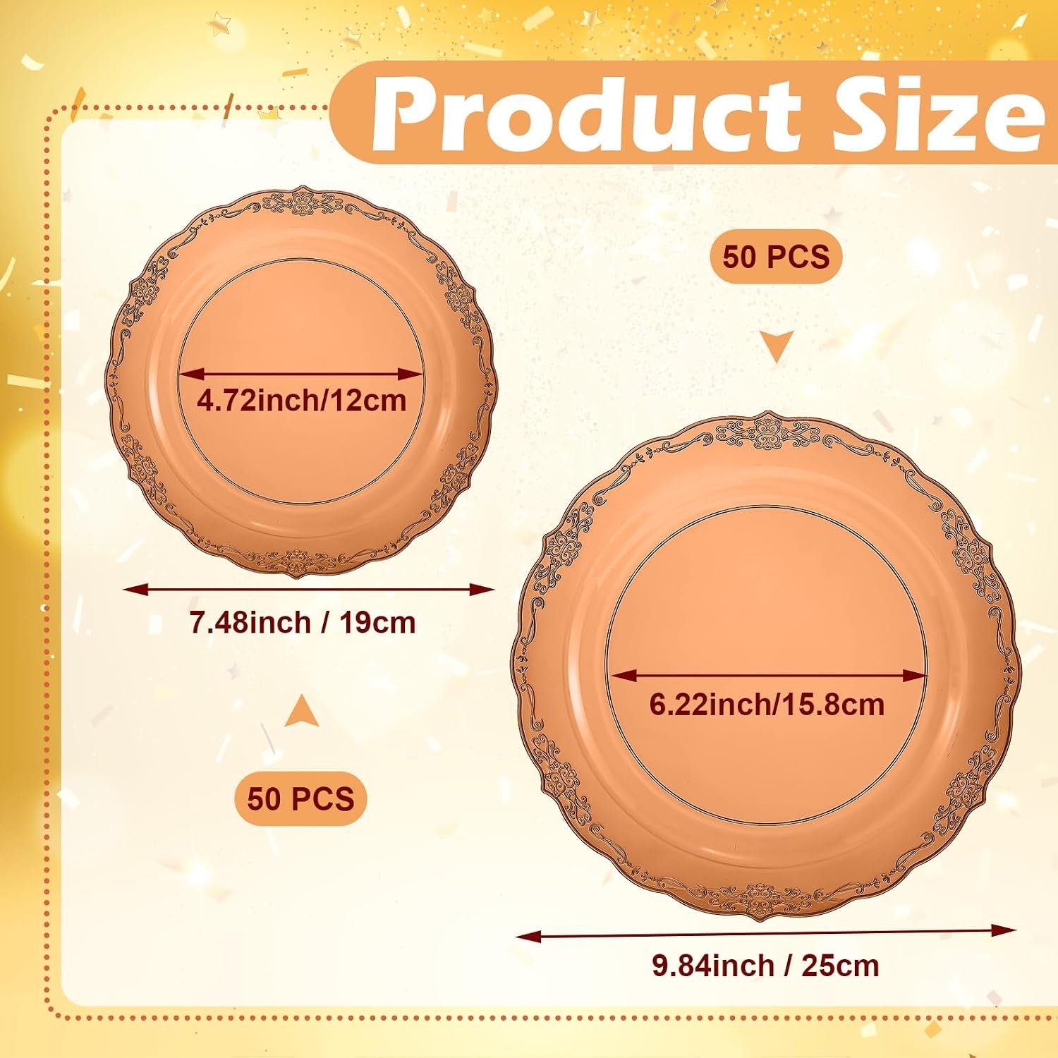 FillTouch 100 Pcs Amber Plastic Plates for Wedding Brown Plastic Plates Heavy Duty Disposable for Party Including 50pcs 10'' Dinner and 50pcs 7.5'' Dessert Plate for 50 Guests Birthday Wedding Banquet