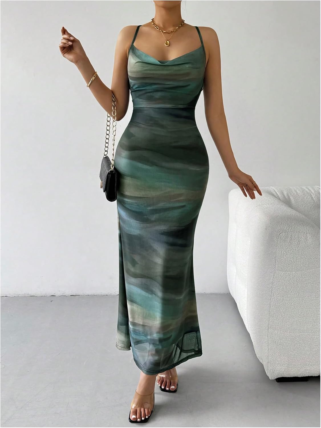 SHENHE Women's Tie Dye Mesh Maxi Dress Cowl Neck Backless Sexy Bodycon Party Long Dress - Image 6