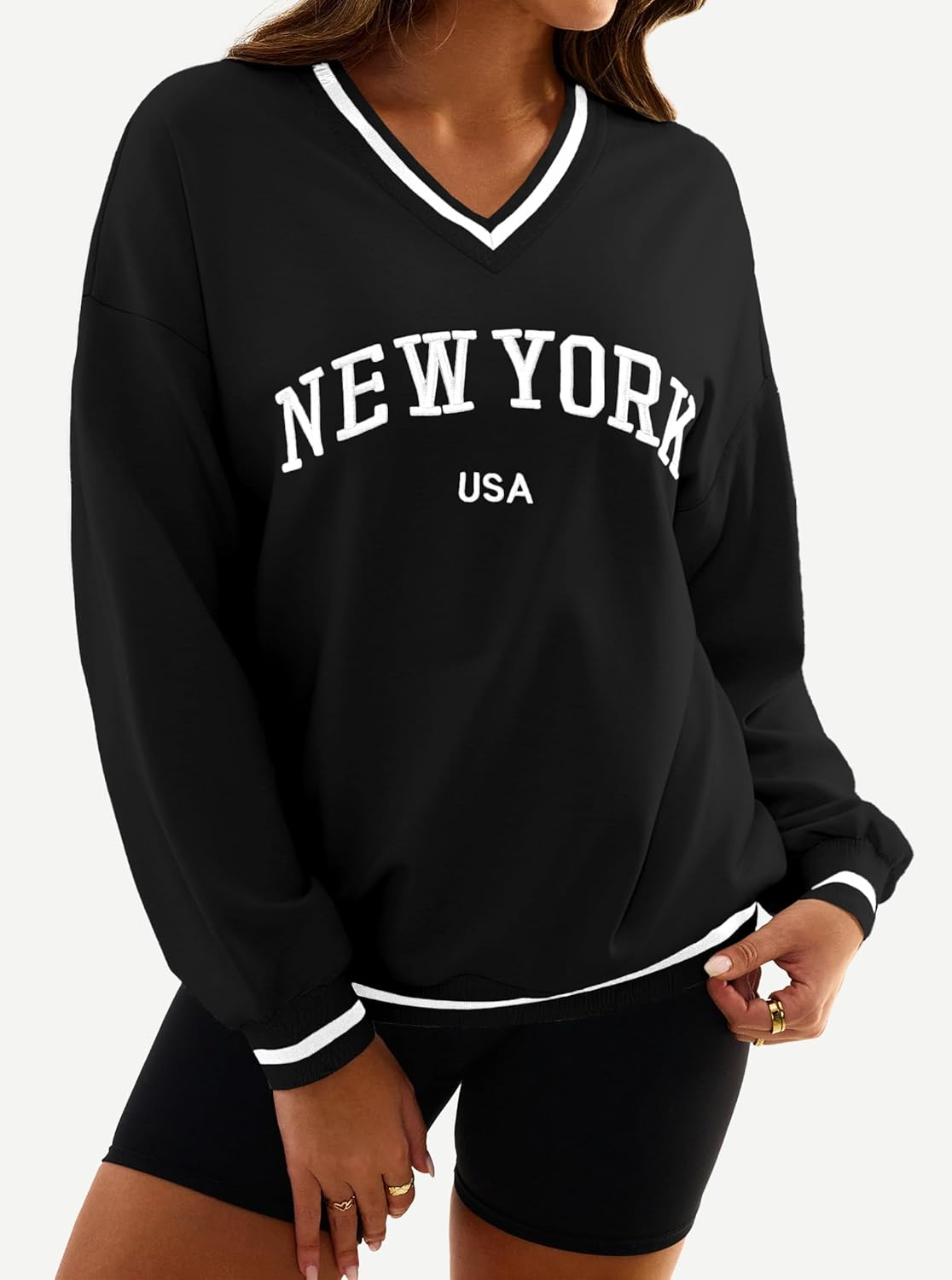 Hilinker Womens Graphic Oversized Sweatshirts V Neck Long Sleeve Pullover Tops - Image 5