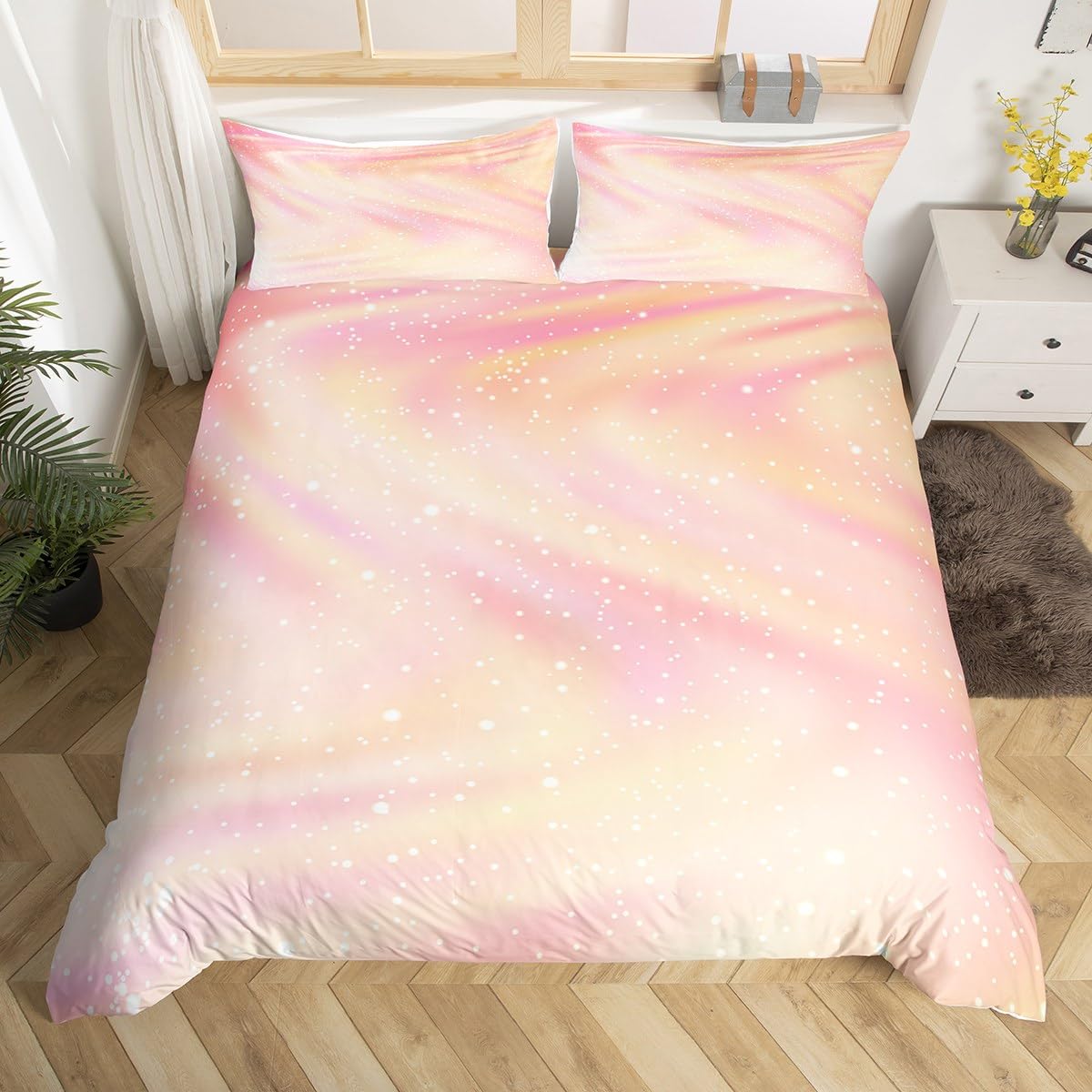 Homewish Girly Pastel Galaxy Comforter Cover Super King, Glitter Galaxy Bedding Set Tie Dye Gradient Sparkle Duvet Cover for Boys Girls Teenagers Bedroom, Pink Yellow Ombre Bed Set with Zipper, 3 Pcs