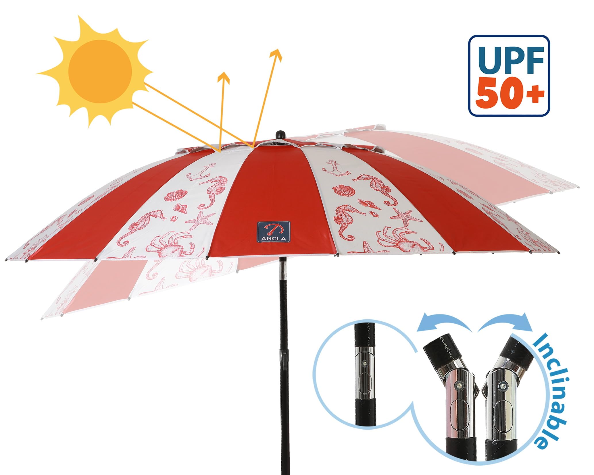 Atosa Strandschirm Ø 180 bis 240 cm aus Aluminium, Modell Meeresboden, mit Tragetasche und Sonnenschutz UPF 50+ in den Farben Blau und Rot, rot, 220 cm, Jug oder Strand