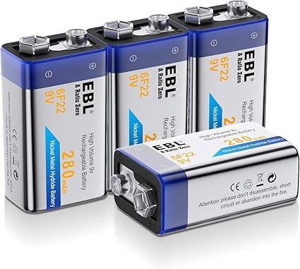 EBL 4 Pack 9V 6F22 Rechargeable Batteries 9 Volts Ni-MH 280mAh Low Self-discharged