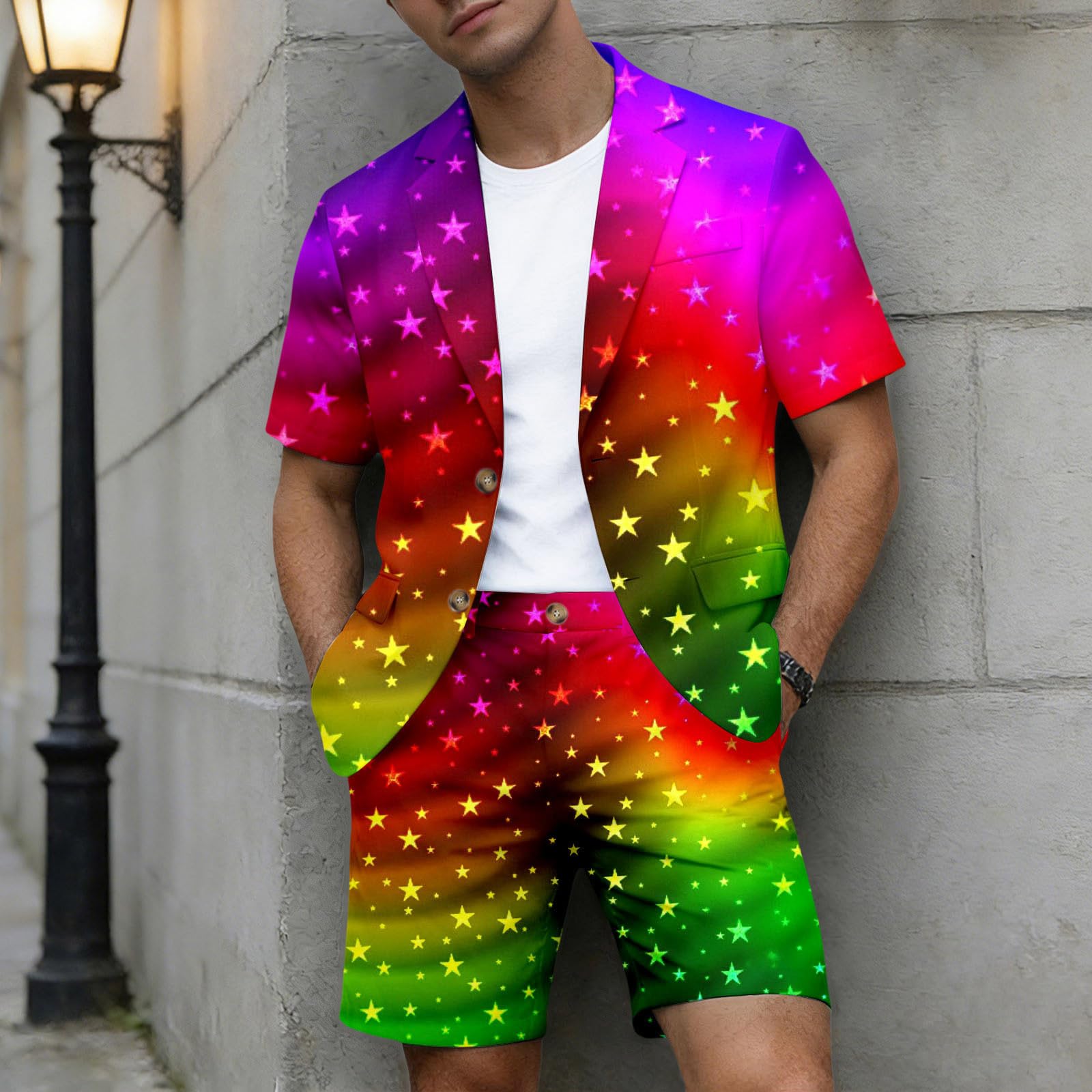 Conjunto chaqueta de traje manga corta hombre estampado arco iris 2 piezas pantalones cortos para playa orgullo gay