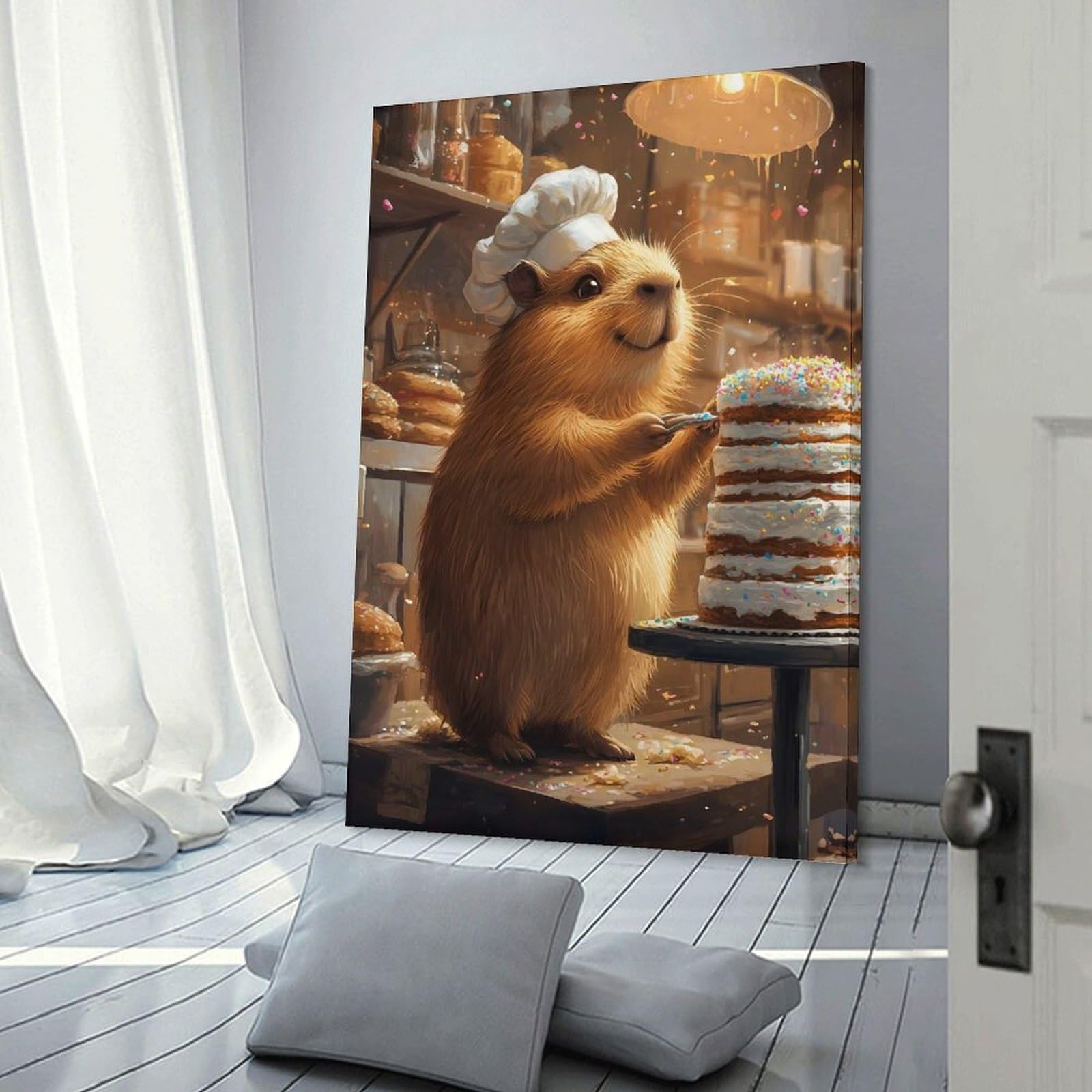 Junmoney Frame-Animal Capybara Chef Decorating Cake Cat Animal Capybara Chef Decorating Cake Cat Home Decor Wall Art, 20X30inch(50X75cm), For Apartment Walls, Studios Or Work Areas, Decorative Canvas Decor For Home Updates