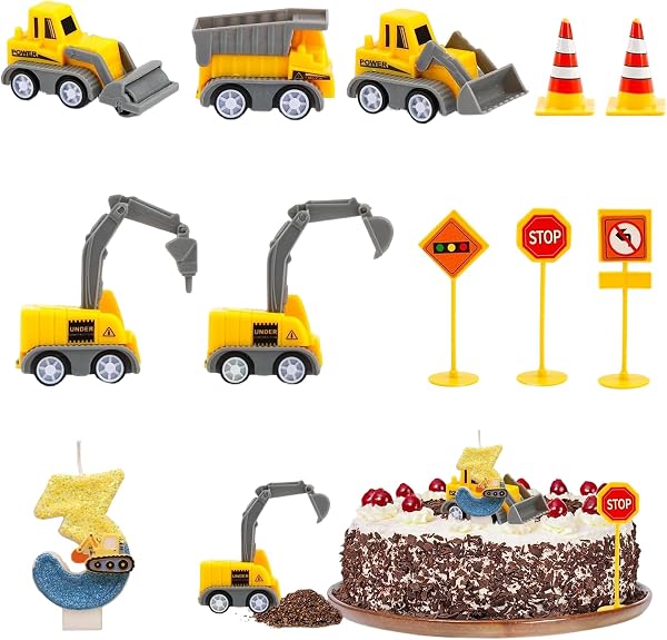 Decoration Gateau Chantier 3 Ans, Deco Gateau Anniversaire Pelleteuse Garçon 3er, Chantier de Construction Miniature Deco Gteau Cake Cupcake Topper pour Enfant Fille Garçon Anniversaire - 1
