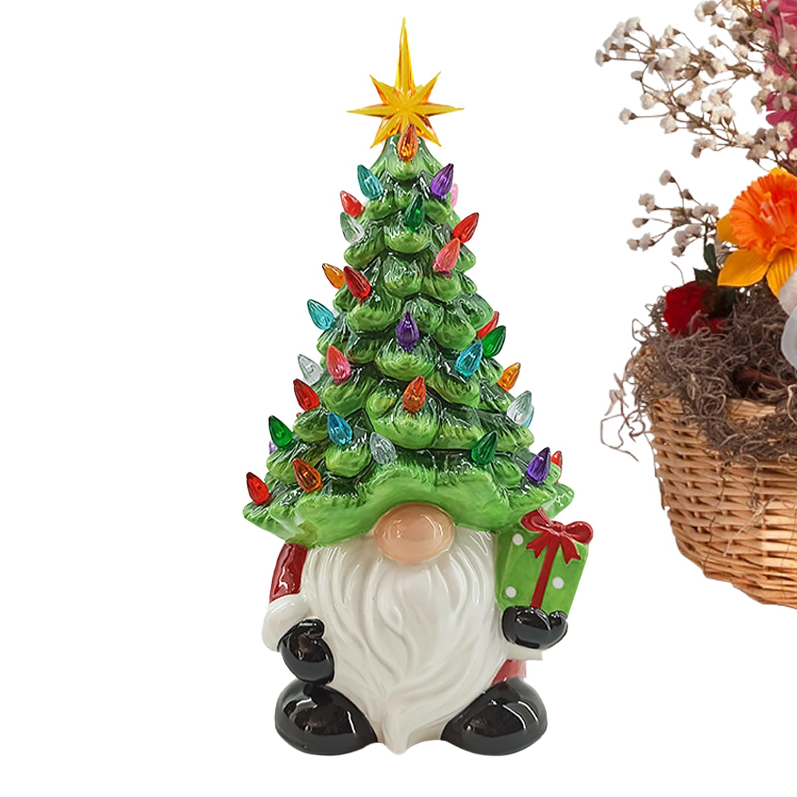 awakentti Christmas Decorations, Lighted Up Gnomes Ceramic Christmas Tree, Small Mini Prelit Xmas Holiday Decor for Tabletop Home Room Table Fireplace Office, Not Included Batteries