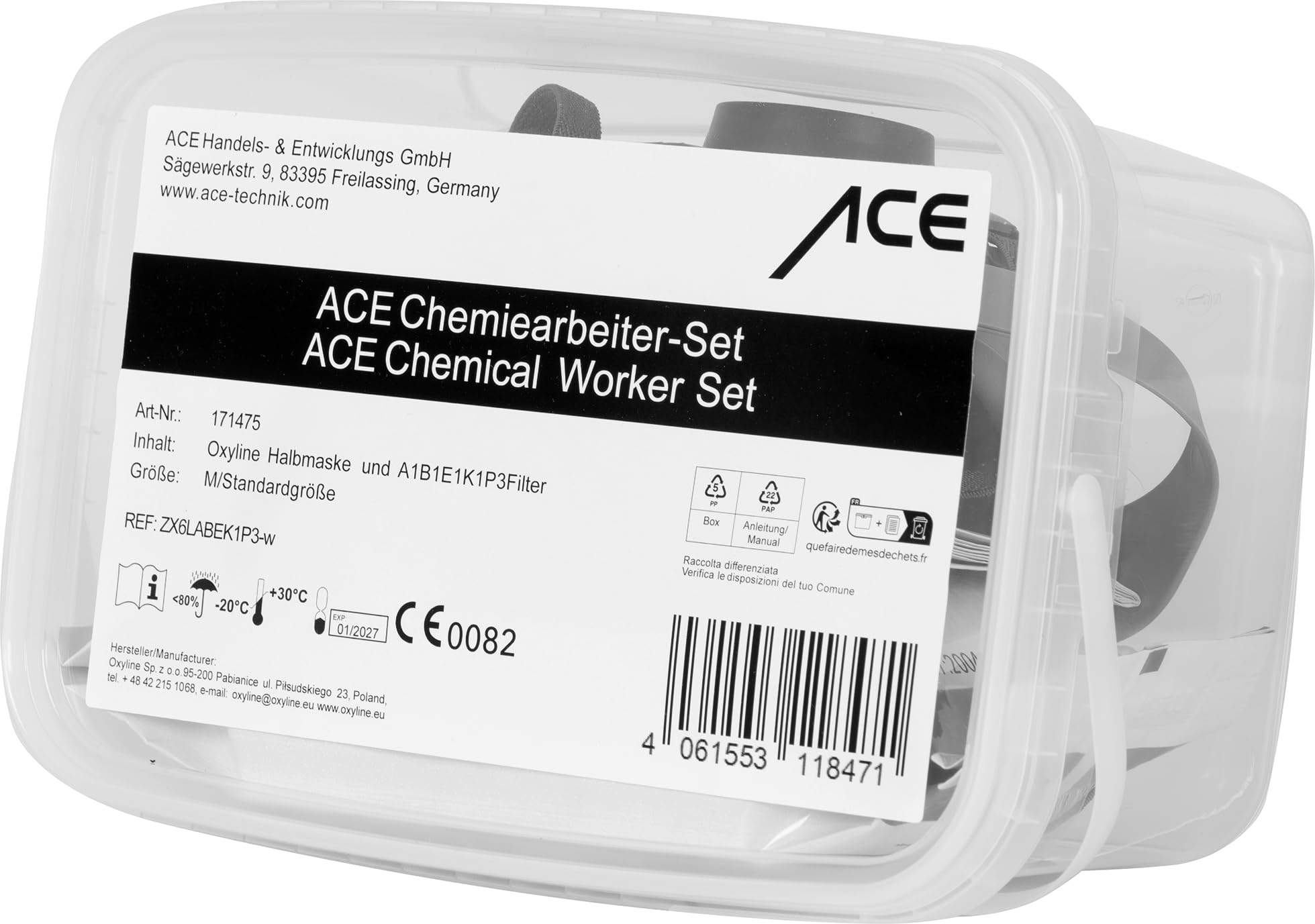 ACE Conjunto de protección respiratoria Máscara respiratoria con doble filtro - Media máscara contra polvo, partículas, gases y vapores