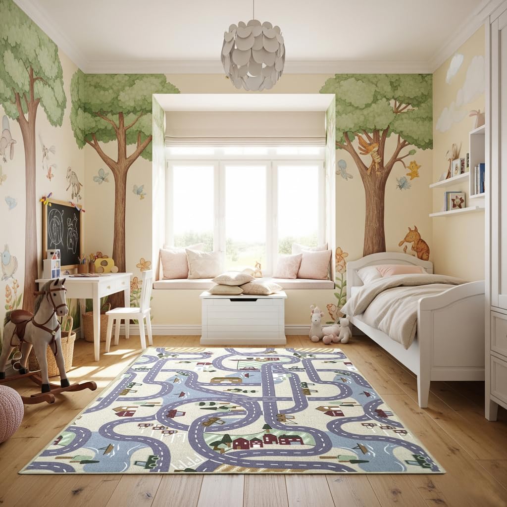 Alfombra Infantil Poble – diseño de Pueblo en Nylon Resistente– Ideal para Jugar con Coches– Segura, Lavable y Llena de Aventuras (200 x 200 cm)