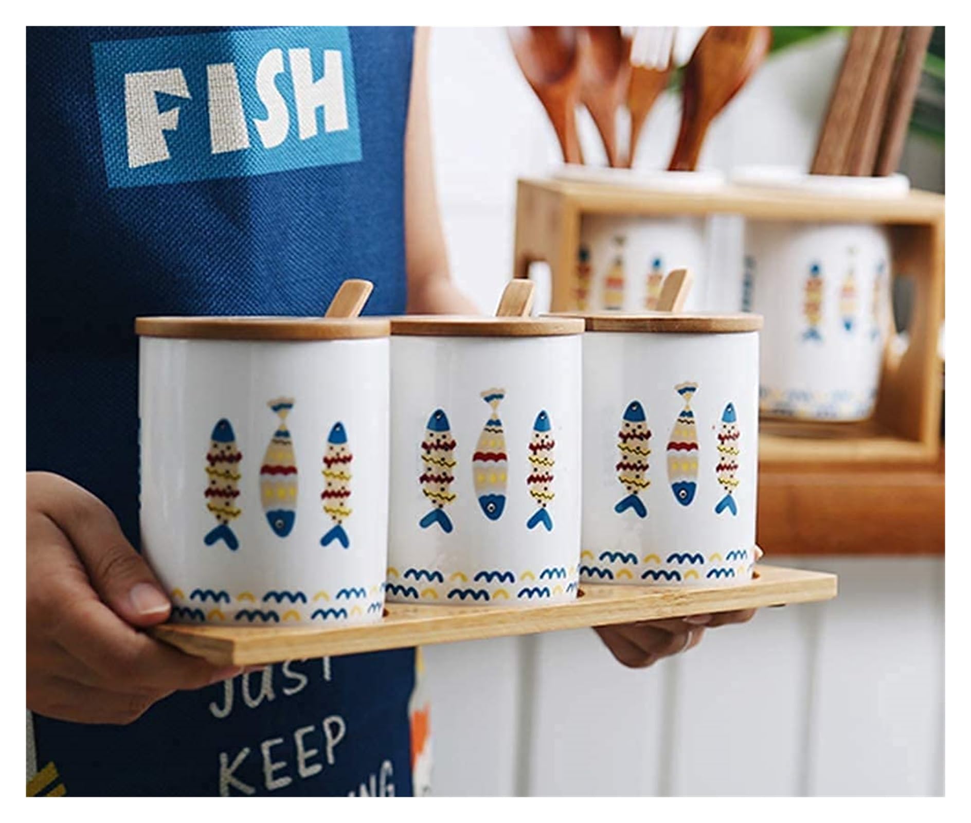 Dosificador de Aceite y Vinagre Dispensador de aceite y vinagre, caja de condimentos de salsa de oliva de cerámica Bot, a prueba de polvo y a prueba de fugas, peces de dibujos animados cocinando