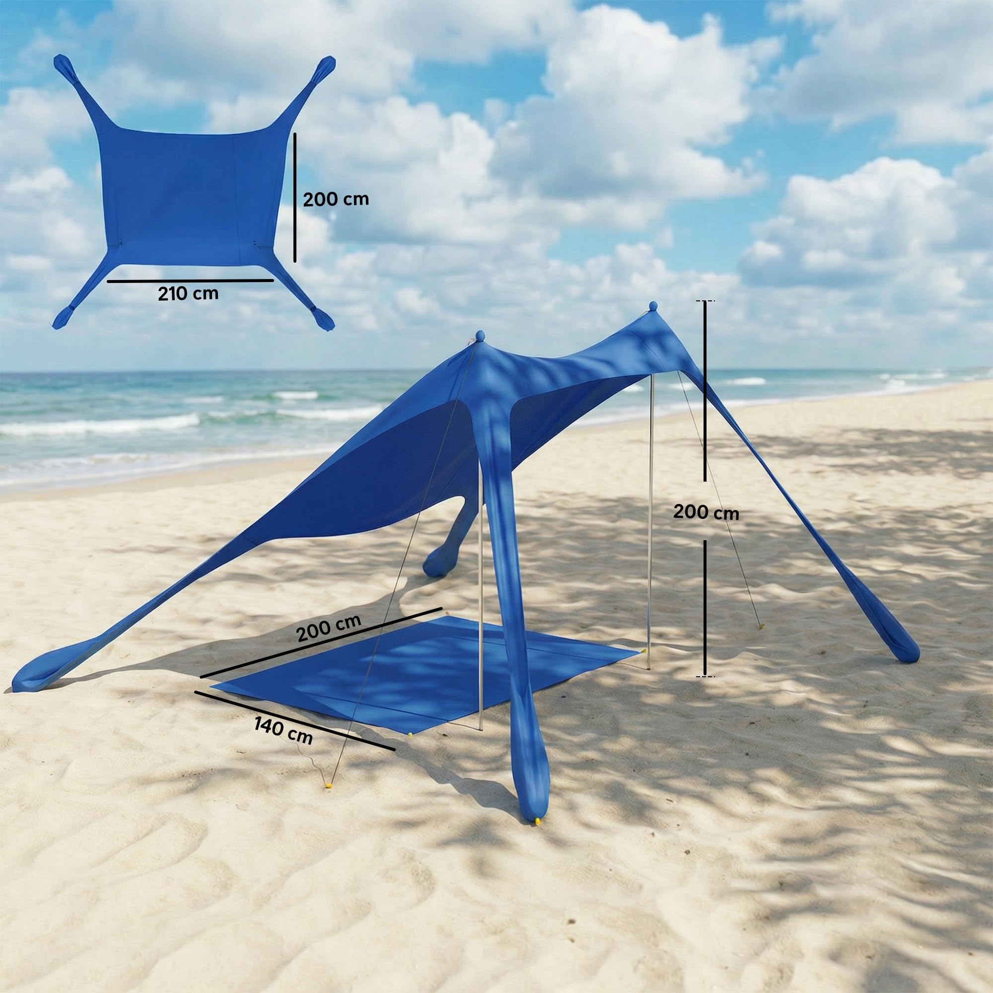 Outsunny Tenda da Spiaggia per 2-4 Persone, Tenda Mare con Tappetino e Pala, Protezione Solare UPF50+, Pali in Alluminio e Picchetti, Resistente al Vento, 200x208x200 cm