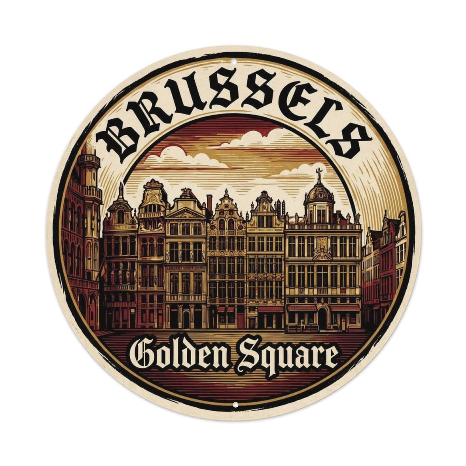 Brussels Golden Square Belgium Vintage City Landmark Metal Tin Sign Plaque Wall Decor for Cafe, Man Cave, Club Bar, Office, Home Garden Round Metal Poster 8x8Inch
