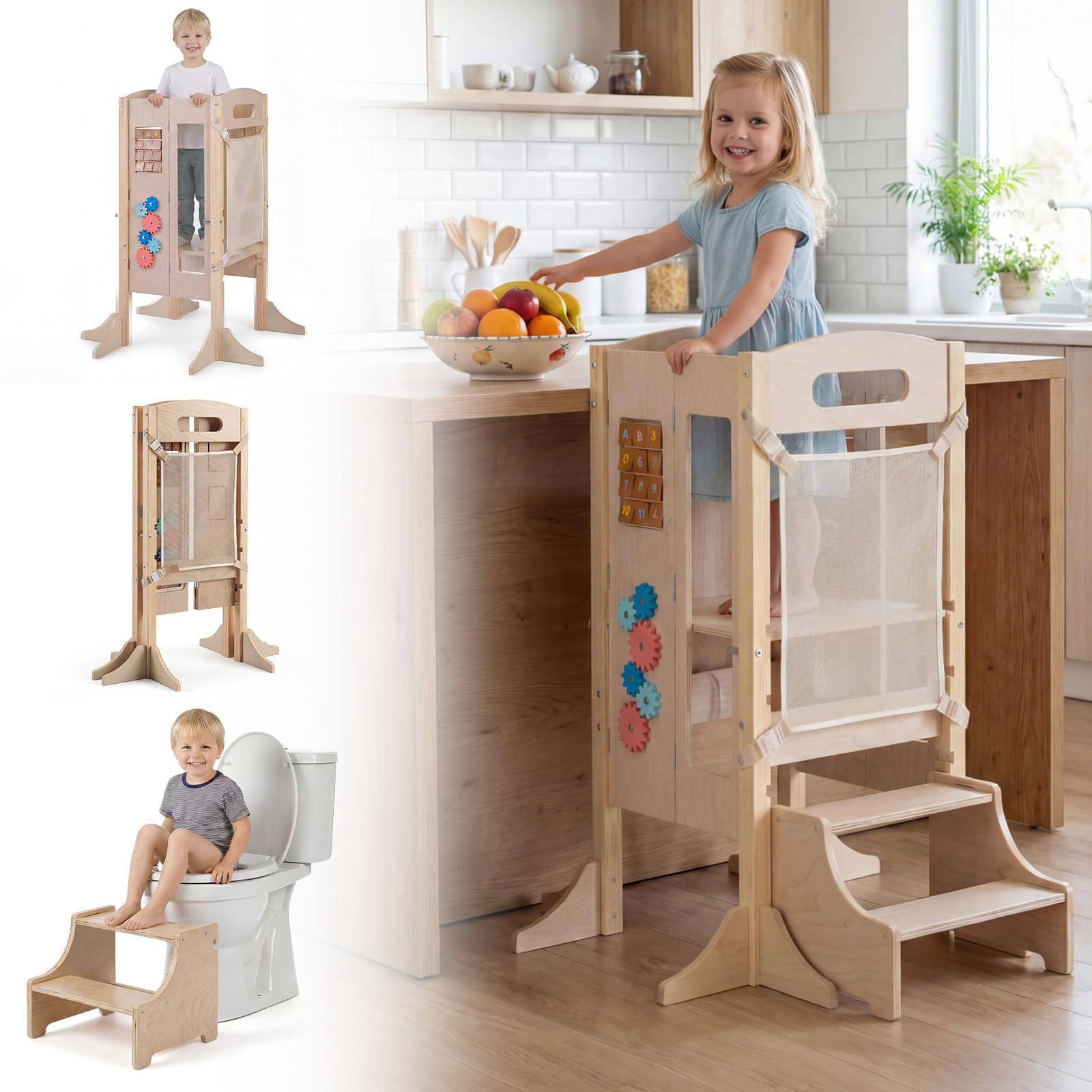 COSTWAY Torre Montessoriana Bambini, Torre di Apprendimento Pieghevole 3 in 1 con Altezza Regolabile, Lavagna Rimovibile e Pannello Educativo per Bambini 3+ Anni, 83,5 x 73 x 93 cm