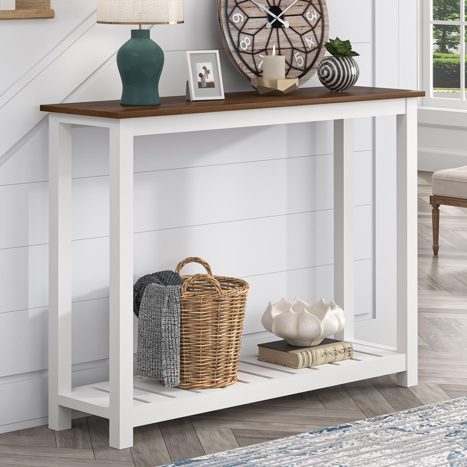 FOLUBAN Farmhouse Console Table for Entryway, Rustic Narrow Sofa Table for Living Room, Hallway, Entrance, 40 Inch, Vintage White & Walnut