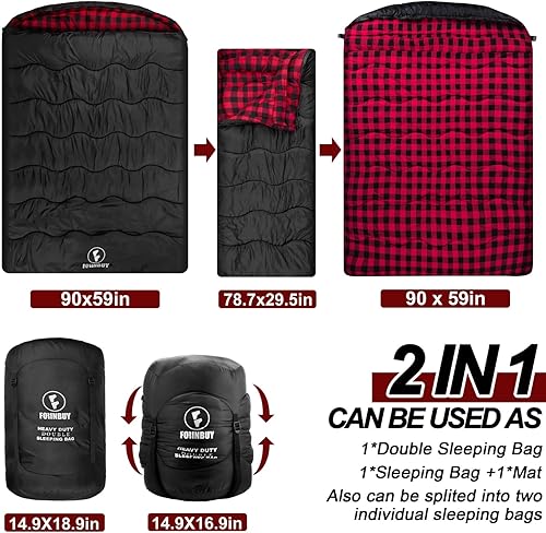 Miniatura 5 de FORINBUY Saco de dormir doble de franela de algodón para adultos, saco de dormir impermeable de invierno para 2 personas, tamaño Queen, saco de