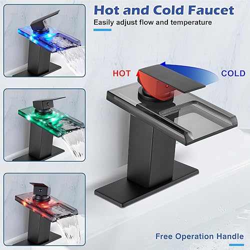 Miniatura 7 de Midanya Grifo LED de níquel cepillado para lavabo de baño, grifo de baño con boquilla de vidrio abierto en cascada, mango único, 3 colores