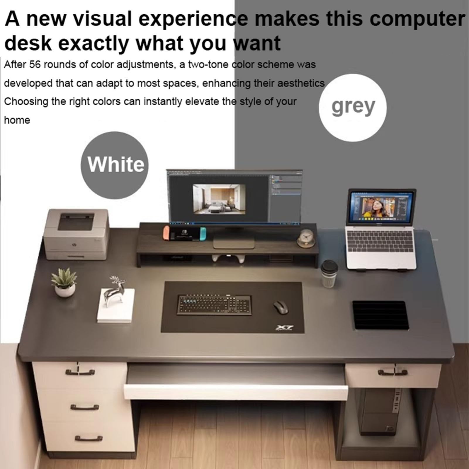 Scrivania Ufficio con 4 Cassetti,Serratura e Piano Tastiera con Vano PC Rialzato,Design Moderno Salvaspazio per Casa Studio e Ufficio A,140CM