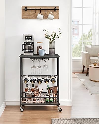 Miniatura 29 de VASAGLE Carrito de bar, carrito de servir, estante de cocina móvil con estante de copas de vidrio y soportes para botellas de vino, industrial,