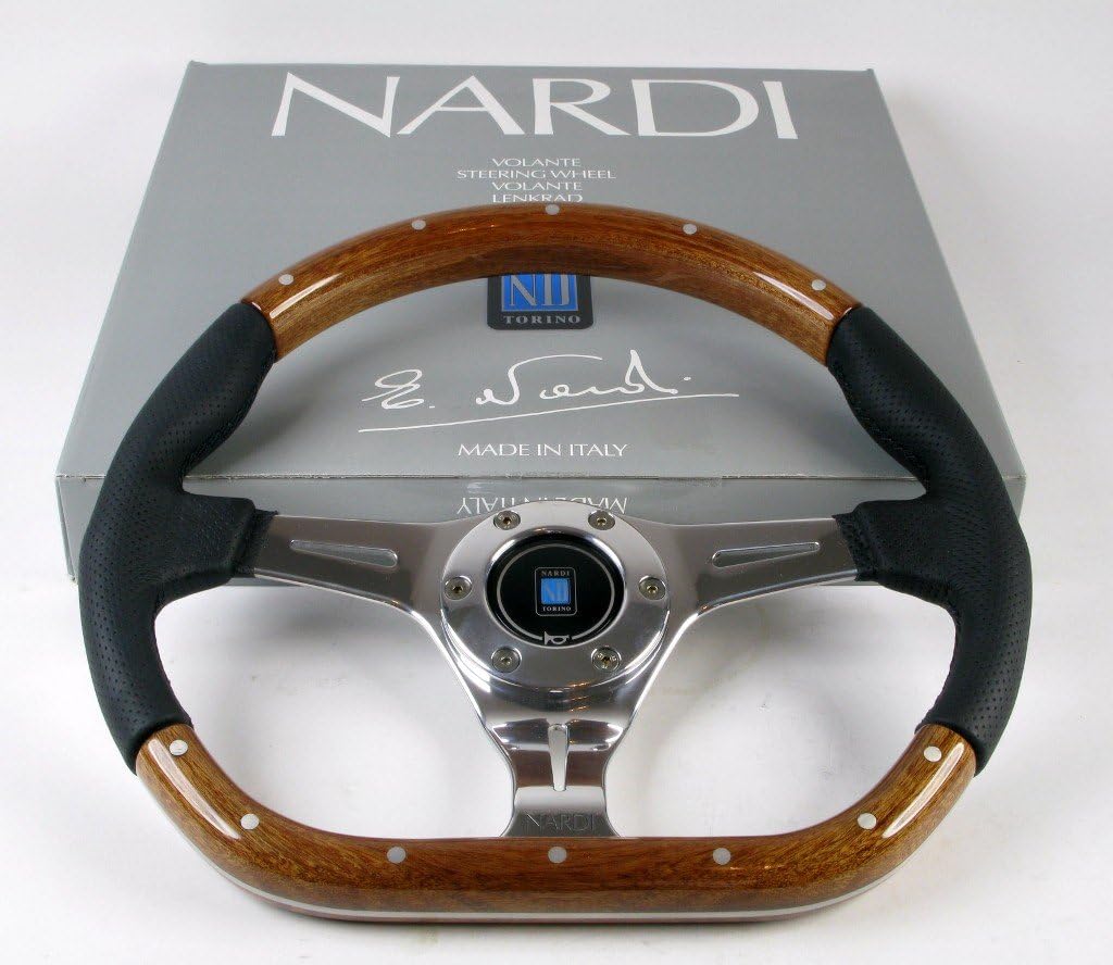 Nardi Steering Wheel - Kallista - 350mm (13.78 inches) - Wood and Black Leather - Polished Spokes - Part # 5055.35.3000