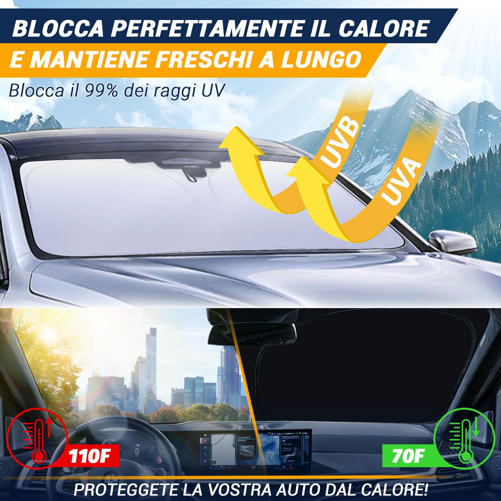 Tendine Parasole per Auto, Protezione Solare Auto, Protezione UV Auto, 2025 Ombrellone Riflettente Pieghevole con Shutz UV per Auto Parabrezza (L)