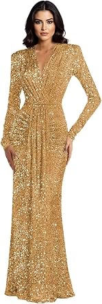 Sparkly Sequin Velvet Bridesmaid Dresses for Women Long Sleeve Prom Dress Mermaid V Neck Formal Evening Gowns with Tie