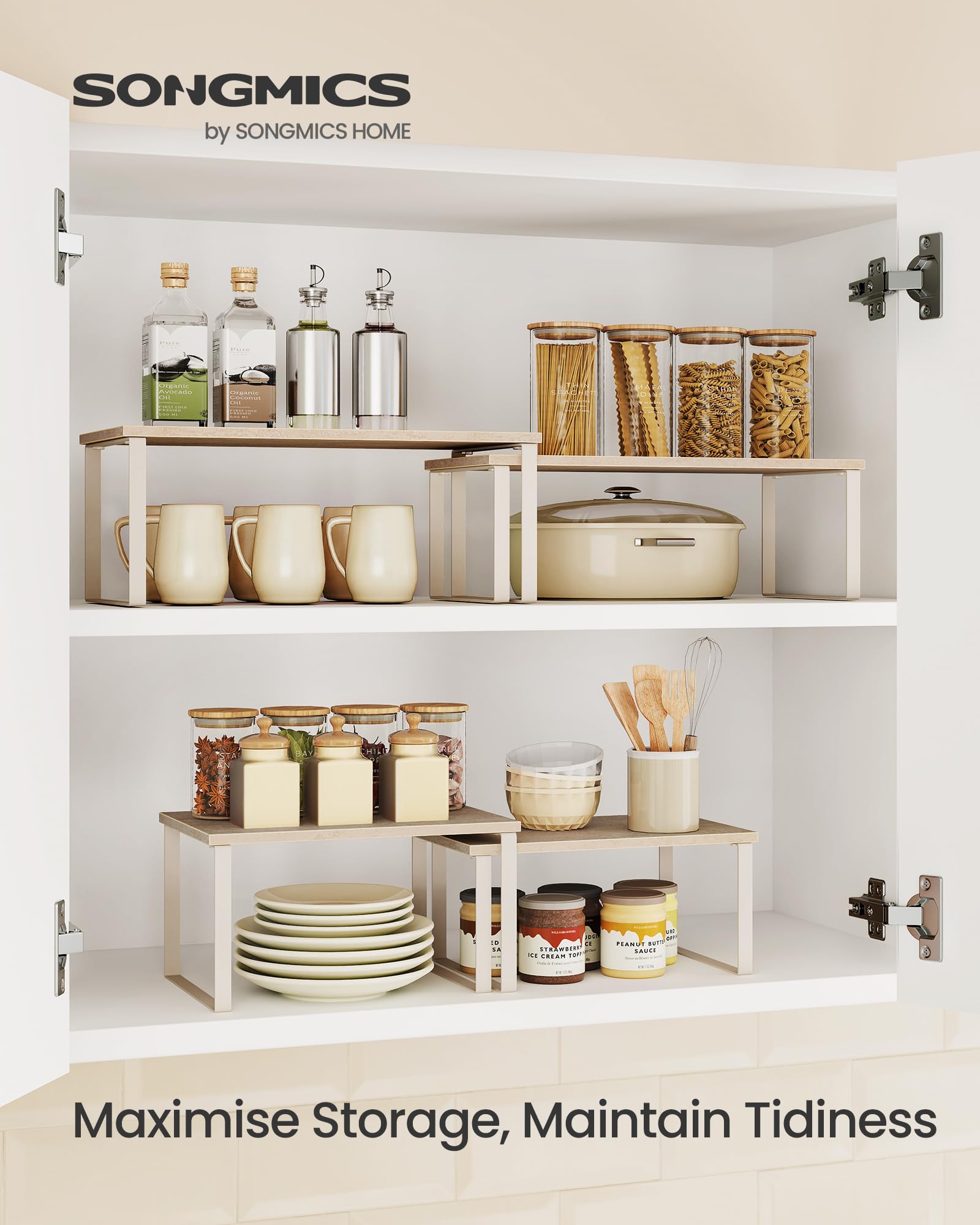 SONGMICS Spice Rack, Set of 2 Cupboard Shelf Organisers, Expandable Kitchen Shelf Organiser, Stackable Spice Holder - Image 2