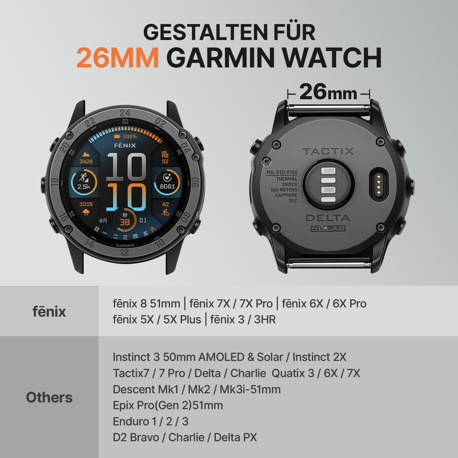 Bandletic Kompatibel mit Garmin Fenix 8 51mm/7X/6X/5X Armbänder aus Nylon - 26 mm Quick Fit Soft G-Hook Armband für Fenix 7X 6X Pro/5X Plus/3/3 HR/Instinct 2X Solar 3 50 mm/Enduro/Quatix/Tactix
