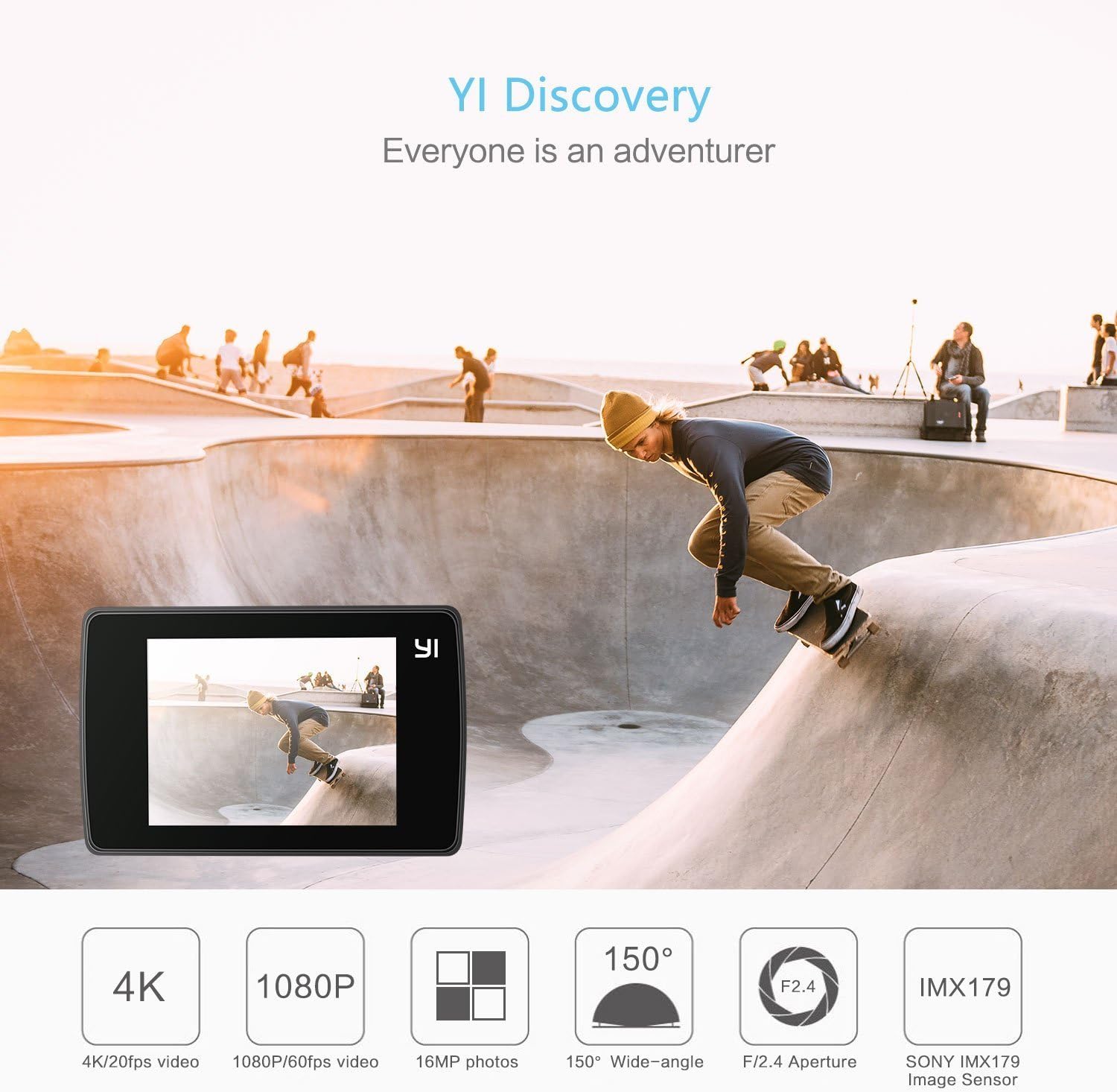 YI Discovery camera in a skate park, highlighting 4K, 1080p, 16MP, 150° wide-angle, F/2.4, IMX179 features.