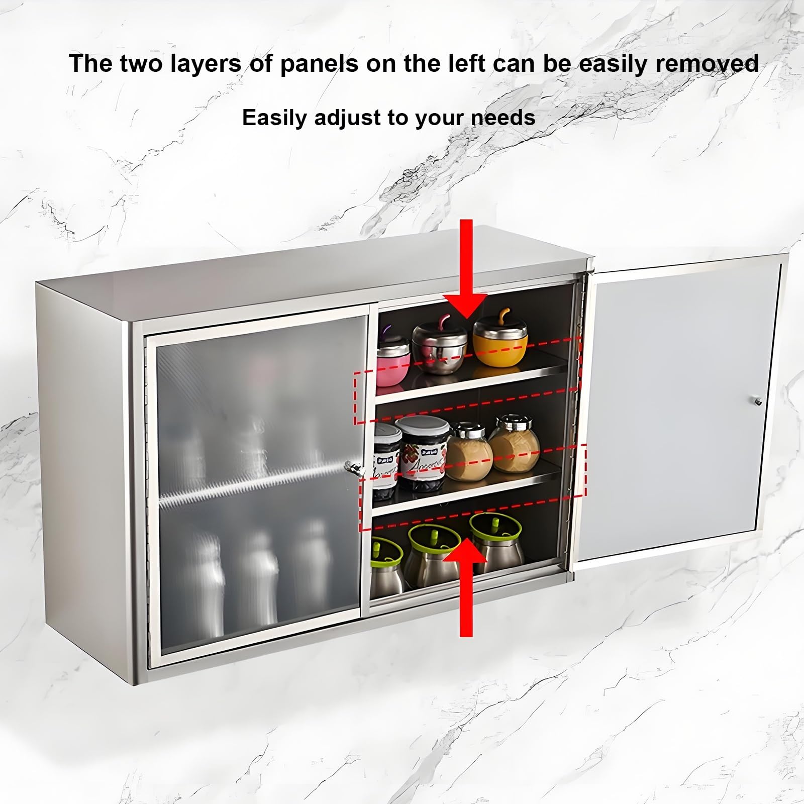 Armadietto da cucina in acciaio inox con doppie ante, ripiani regolabili, design stretto multifunzionale per spazi compatti