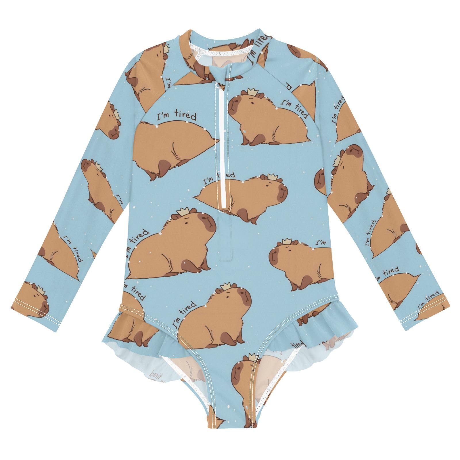 ALAZA Swimsuit for Girls Long Sleeve Rashguard Bathing Suit Capybara I'm So Tired Quick Dry 4T