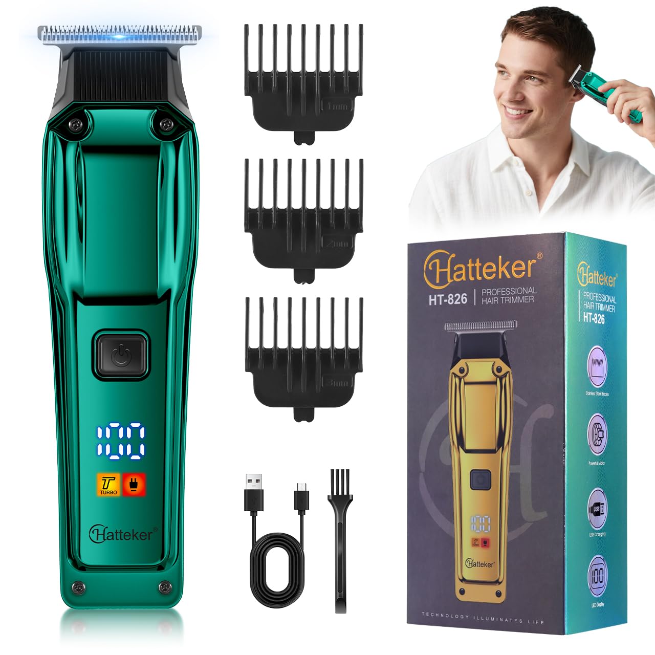 HATTEKER HT-826 Professional Hair Trimmer, 6500-7000 RPM Two-Speed Motor, Zero Gap T-Blade, 1500mAh Battery, LED Display, USB Type-C Charging, 240 Minutes Runtime GREEN-image-37