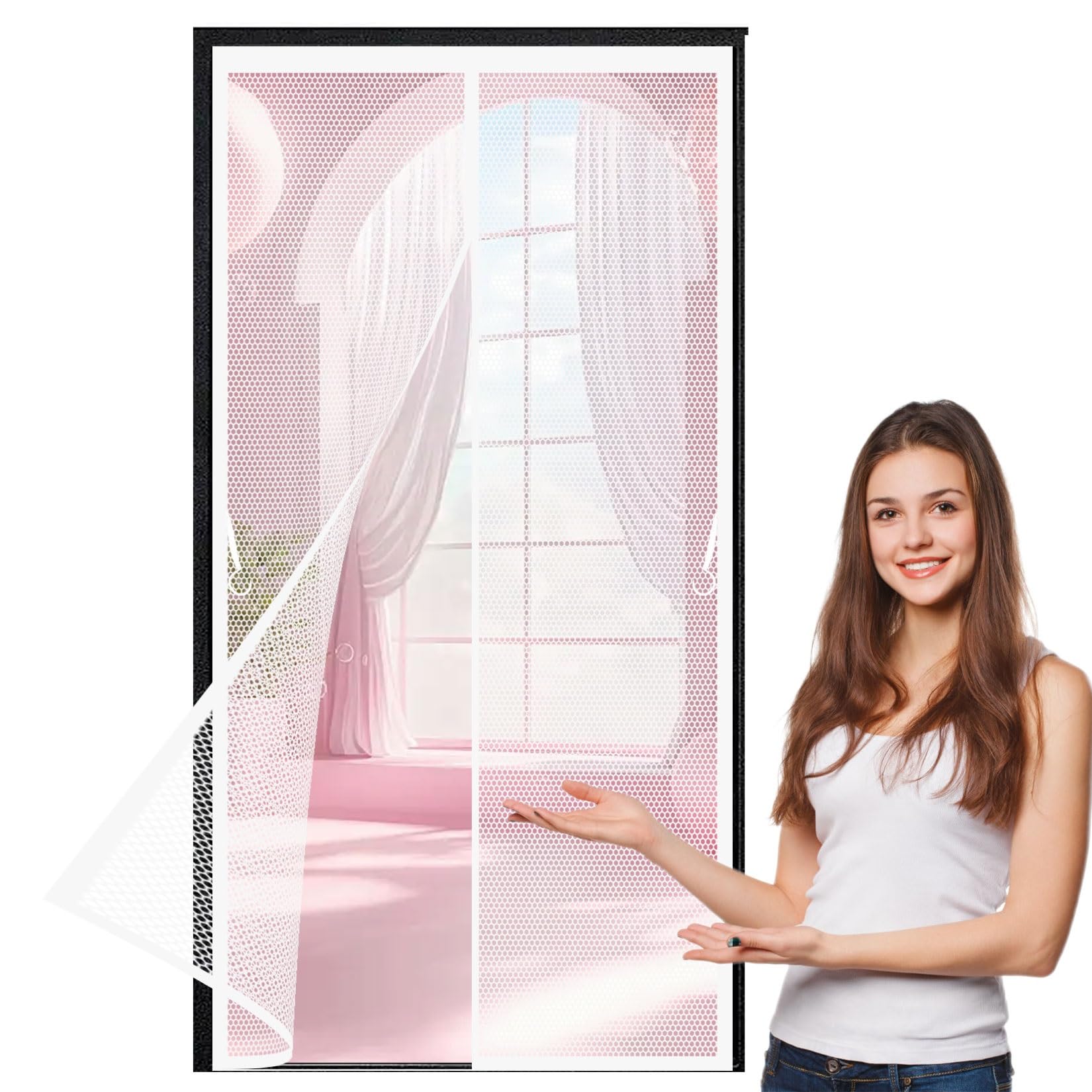 Magnetic Fly Insect Screen Door 143 x 173 cm with Magnets, Magic Tapes, Polyester Magnetic Fly Screens No Drill Installation, Keep Bugs Out Pet and Kid Friendly, White