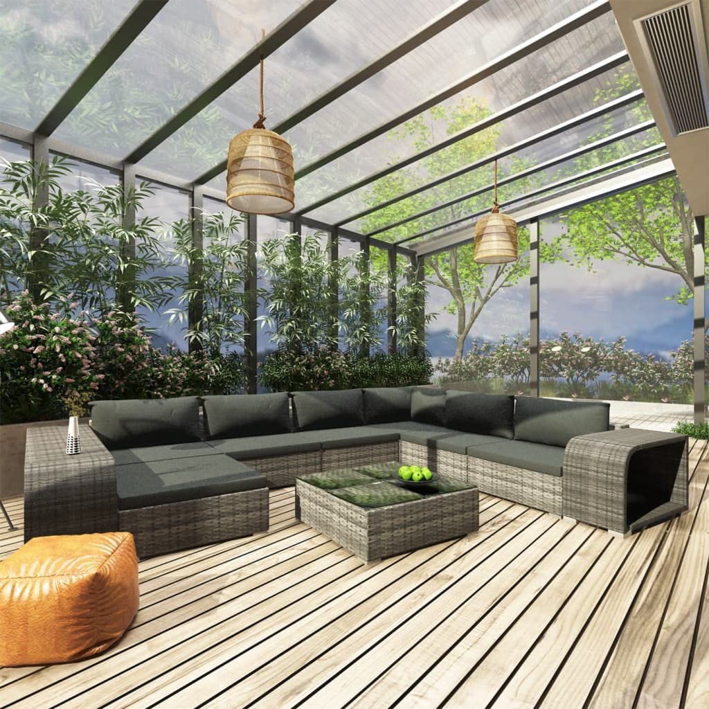 Juego de 10 muebles de jardín de ratán sintético con cojines, conjunto modular de sofá para jardín y terraza, incluye mesa de centro y mesas auxiliares, estructura de acero, color gris/gris