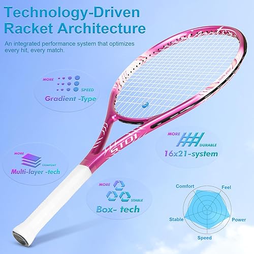 Miniatura 4 de Juego de raquetas de tenis de 27 pulgadas, raquetas de tenis preencordadas para 2 jugadores para adultos, 2 cintas de sobreagarre, 3 pelotas, 2