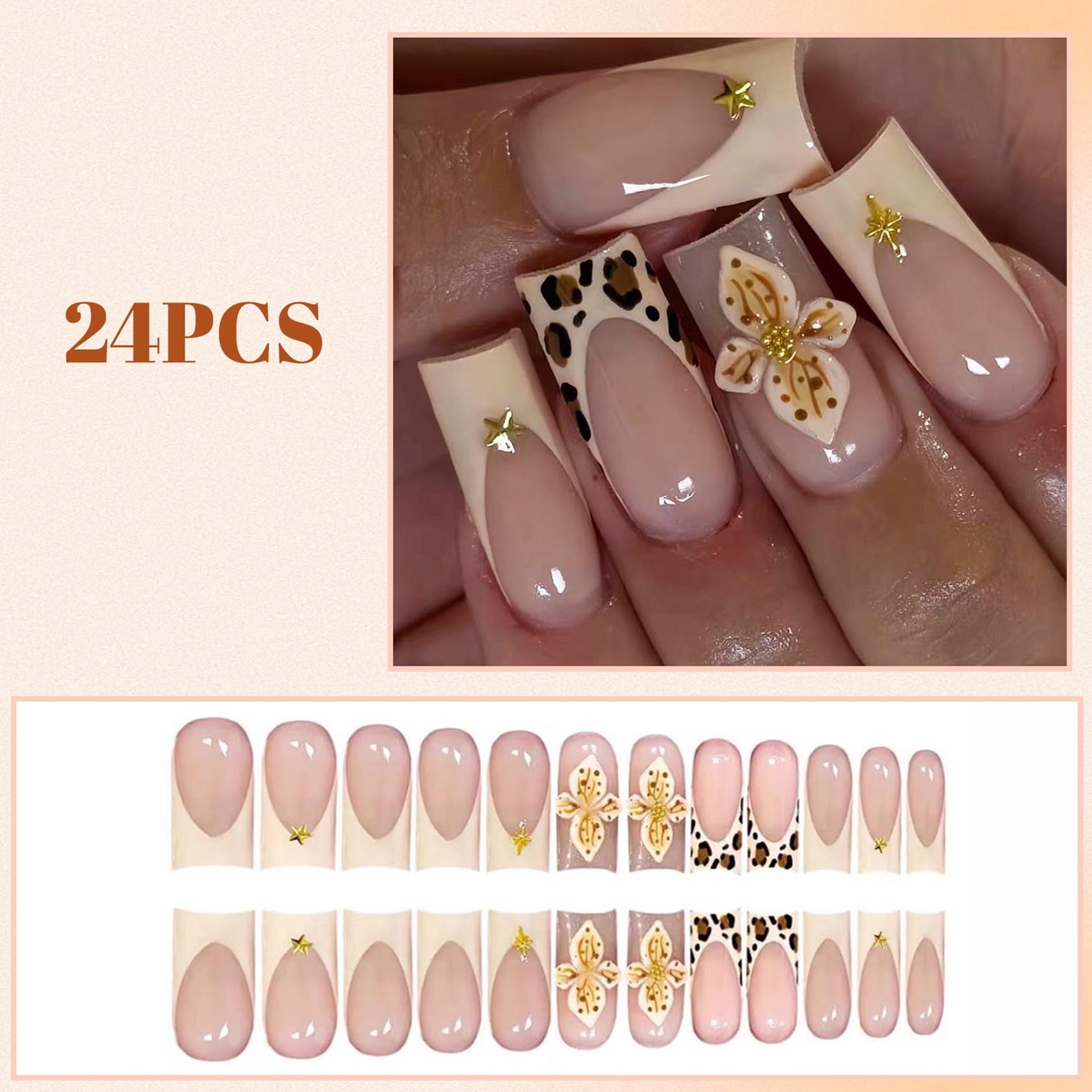 24-Piece Long Square Press-On Nails with 3D Floral Design, Glossy Leopard Print and Rhinestone Accents - Image 2