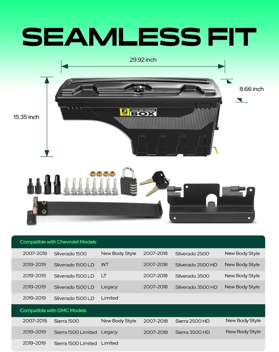 YHTAUTO Truck Bed Storage Tool Box Lockable Compatible with 2007-2018 Chevrolet Silverado & GMC Sierra 1500 2500 3500, 2019 Silverado/Sierra 1500 Passenger Side, Swing Waterproof Wheel Well Toolbox