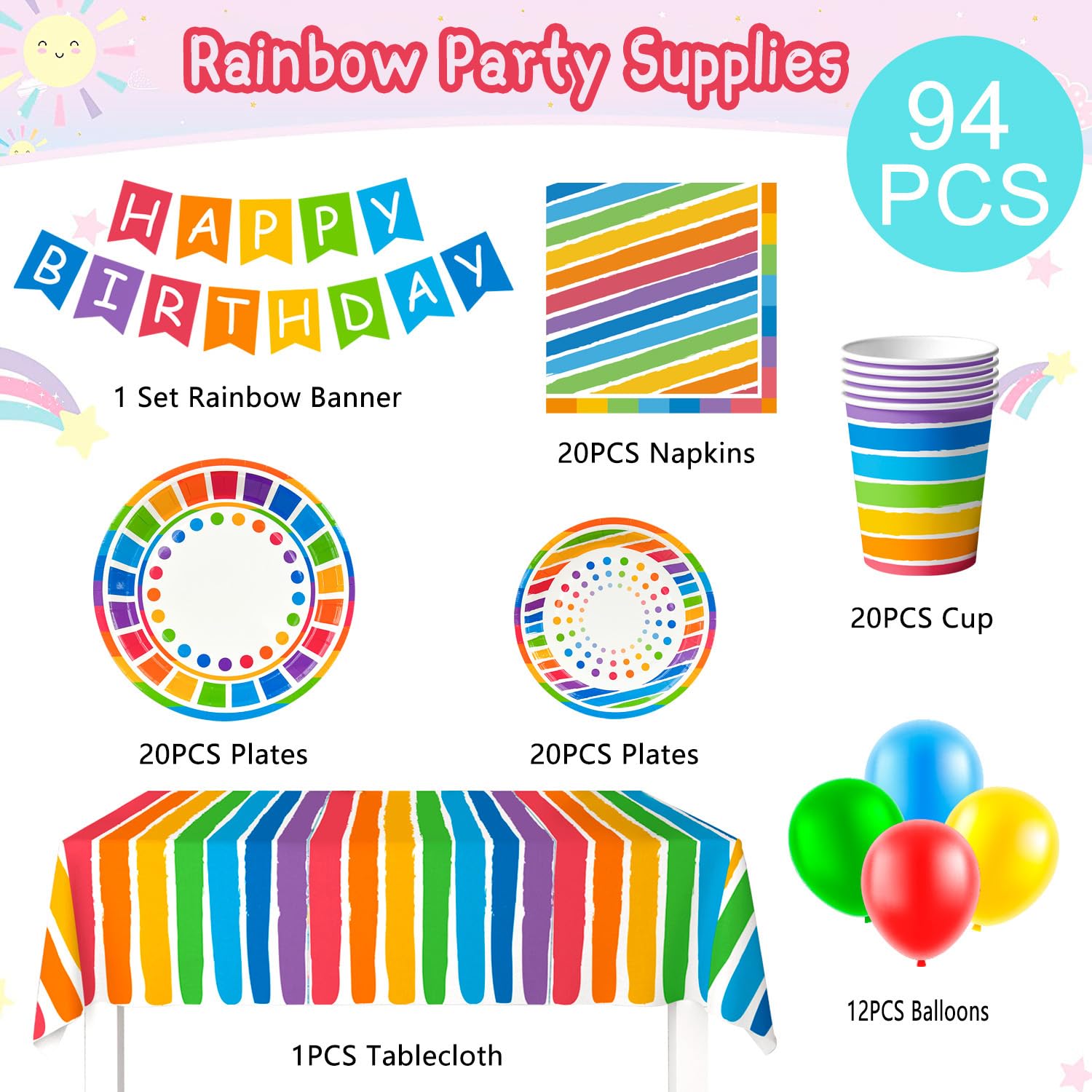 Tęczowa dekoracja urodzinowa dla dziewczynki talerz papierowy obrus balony naczynia imprezowe