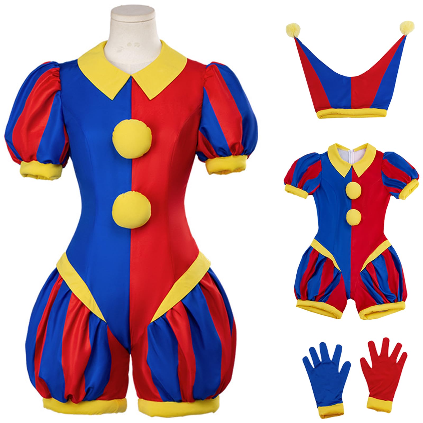 YOGLY Clown Pomni Cosplay Costume with Hat Kids Fancy Dress Up Pomni Clown Outfit Jumpsuit and Gloves for Boy Girls Carnival Halloween Party Masquerade Performance Clown Costume