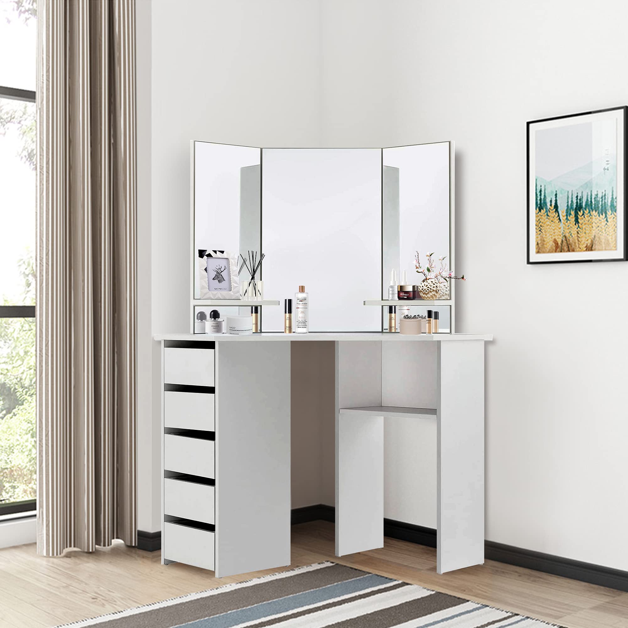 ML-Design Tavolo Cosmetico ad Angolo Bianco da Trucco con 3 Specchi 5 Cassetti e 3 Scomparti 110 x 141,5 x 54 cm Tavolino da Toelette per Donne e Ragazze Spogliatoio in Legno MDF