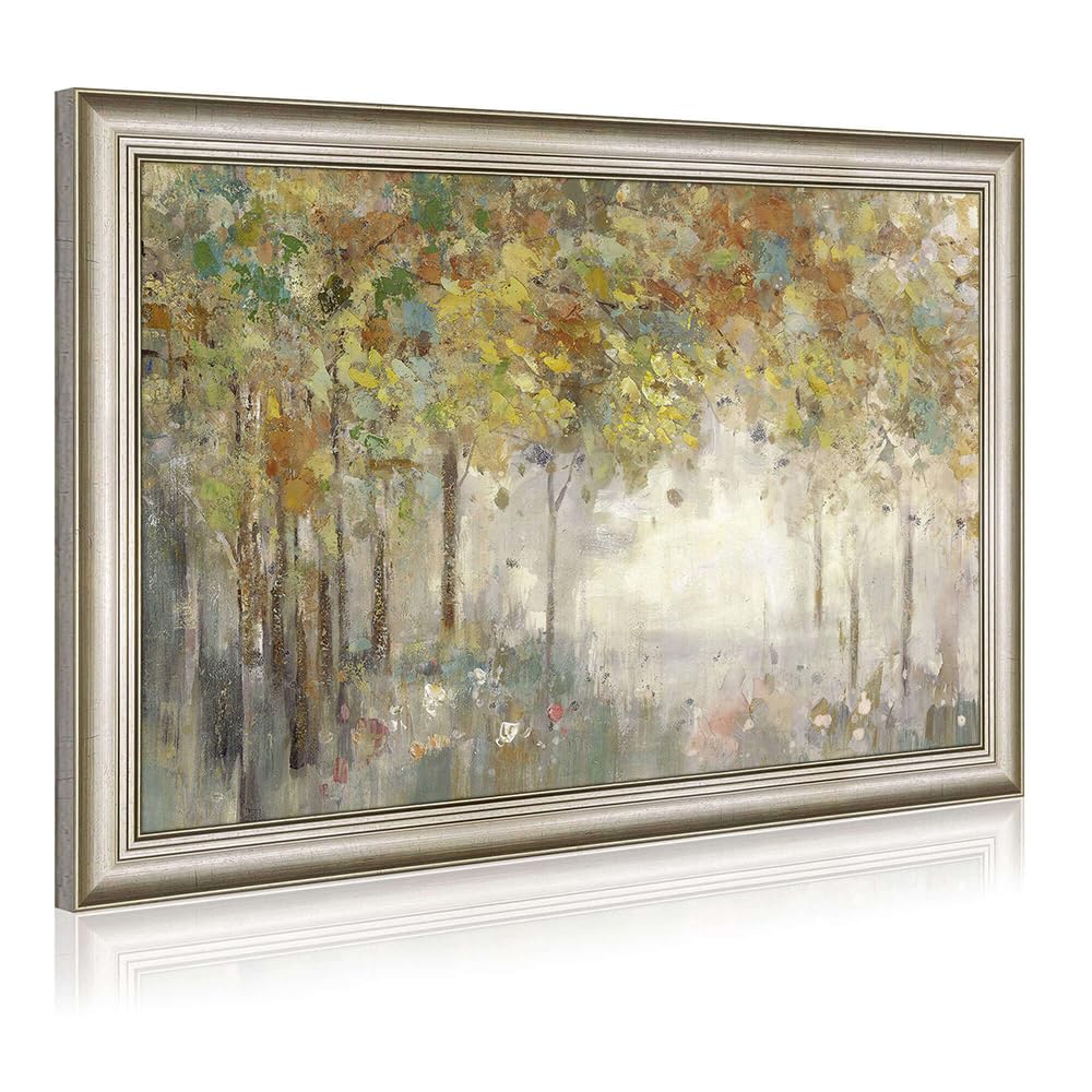 Large Forest Canvas Wall Art: Framed Abstract Tree Painting Hand Painted Morning Landscape Artwork Natural Rustic Woodland Prints Country Textured Leaves Picture for Living Room