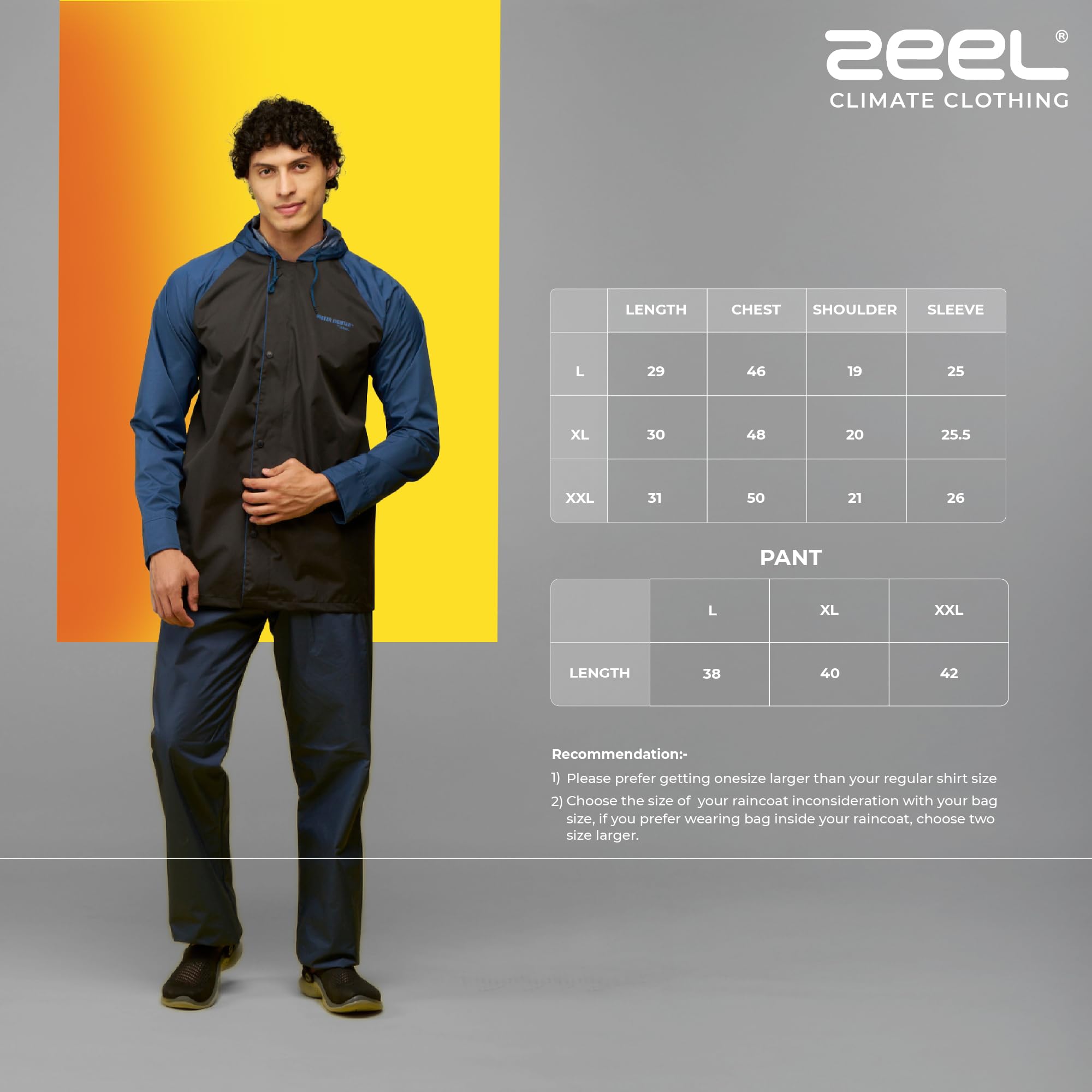 WATER FIGHTER by ZEEL Rain Coat for Men with Adjustable Hood, Polyester Waterproof Full Sleeves, Top and Bottom Set Rainwear, Front Zip with Snap Button Flap, (EWF87, Black & Dark Mustard, XL) - Image 9 thumbnail