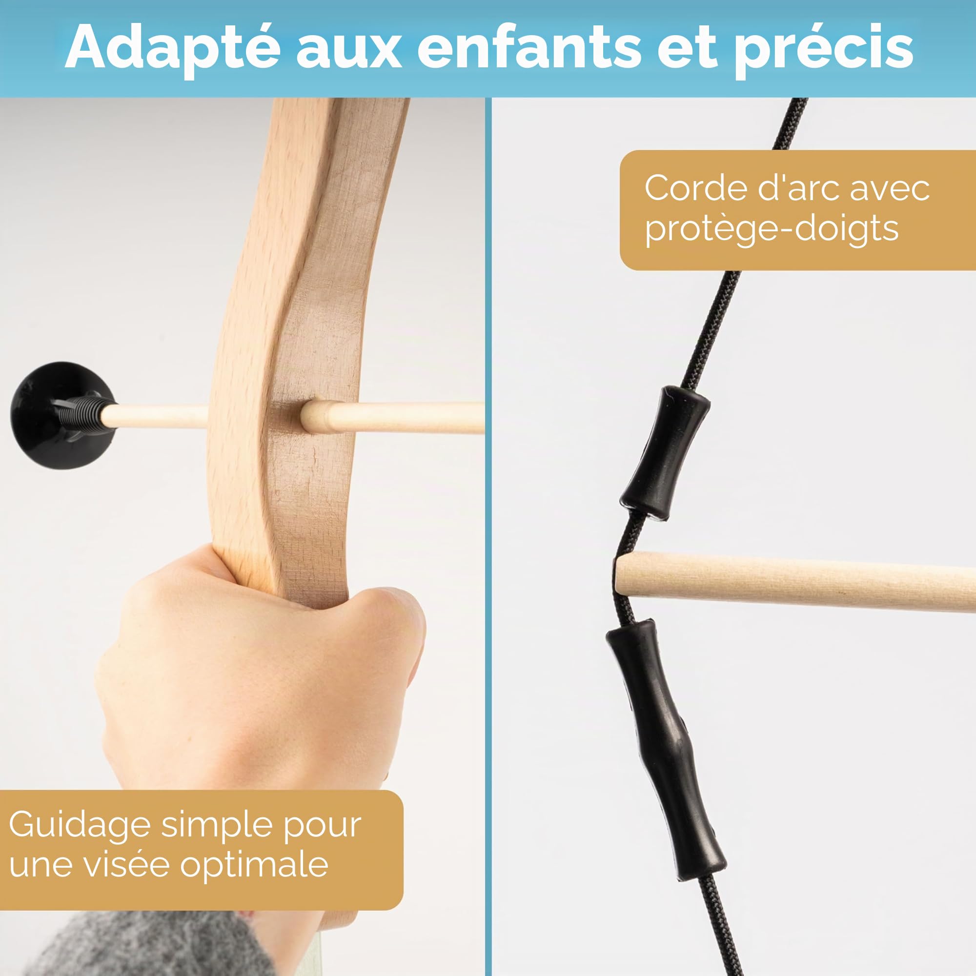 BOWRILLA Flèche et arc pour enfants avec 4 flèches à ventouse, cible en bois et carquois | Jouet de tir à l'arc pour enfants pour les jeux d'intérieur et d'extérieur à partir de 5 ans | Pour droitiers