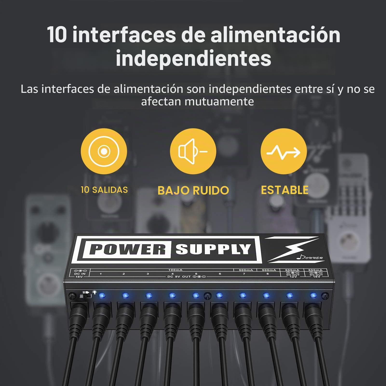 Donner DP-2 Fuente de Alimentación para Pedal de Efectos para Guitarra Portable, con Adaptador y Cables de Alimentación, Versión Avanzada