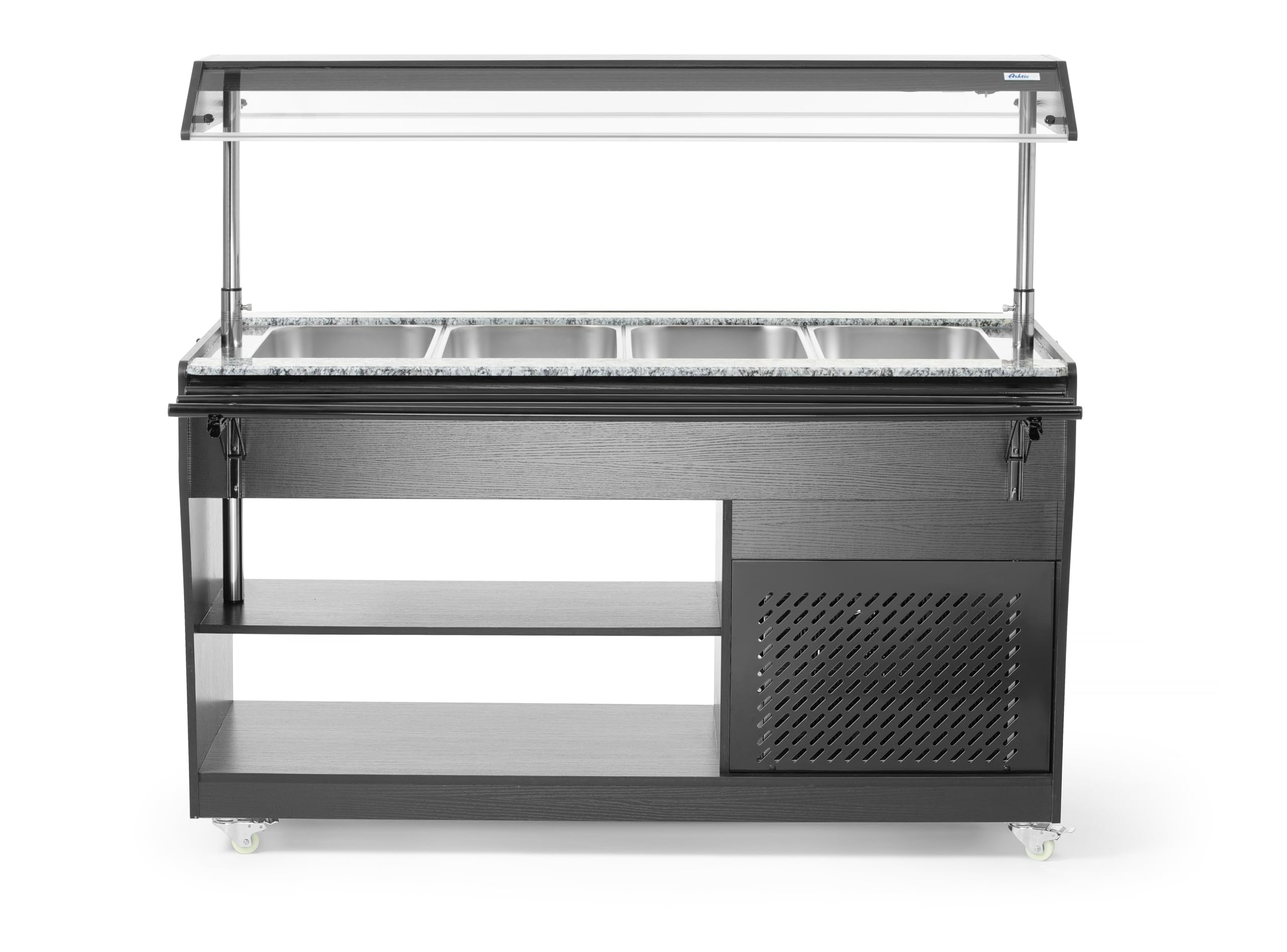 HENDI Buffet-Theke, gekühlt, mit 4x GN1/1 Behälter, 2 Ablageboden, Temperaturbereich: 2° bis 10°C, 4 Lenkrollen, Schutzabdeckung, Salatbar, 230V/170W, 1490x1260x(H)1370mm, Edelstahl, Glas, schwarz